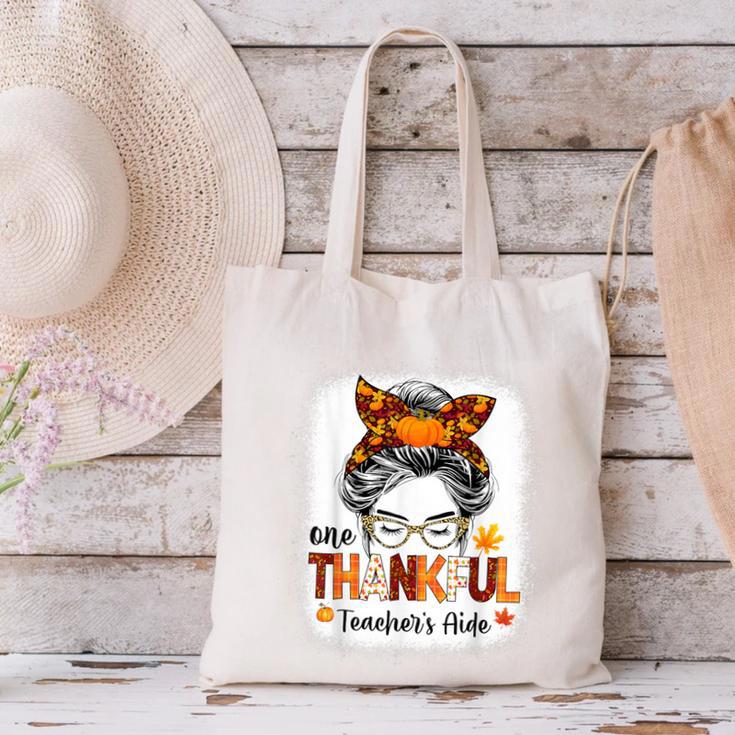 One Thankful Teacher's Aide Messy Bun Thanksgiving Fall Canvas Tote Bag, gift for family, gift for coworker