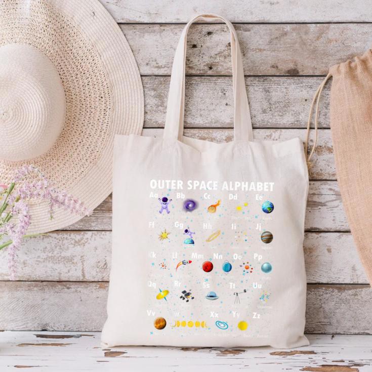 Outer Space Alphabet Kindergarten Teachers 1st Day Of School Canvas Tote Bag, gift for family, gift for coworker Outer Space Alphabet Kindergarten Teachers 1st Day Of School Canvas Tote Bag, gift for family, gift for coworker