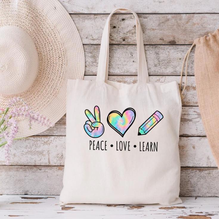 Peace Love Learn Tie Dye Teacher Kids 100th Days Of School Canvas Tote Bag, gift for family, gift for coworker