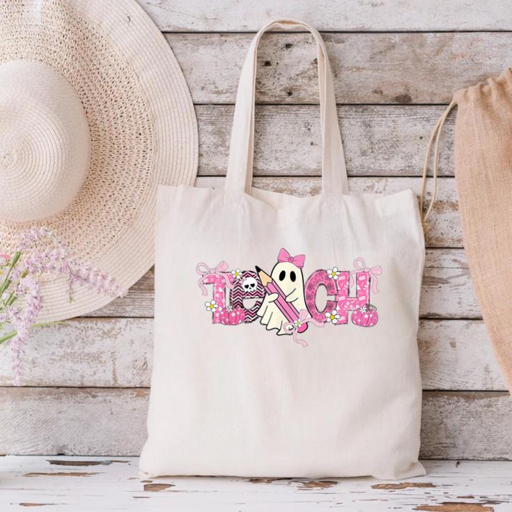 Pink Ghost Teach Halloween Teacher In Spooky Season Canvas Tote Bag, gift for family, gift for coworker