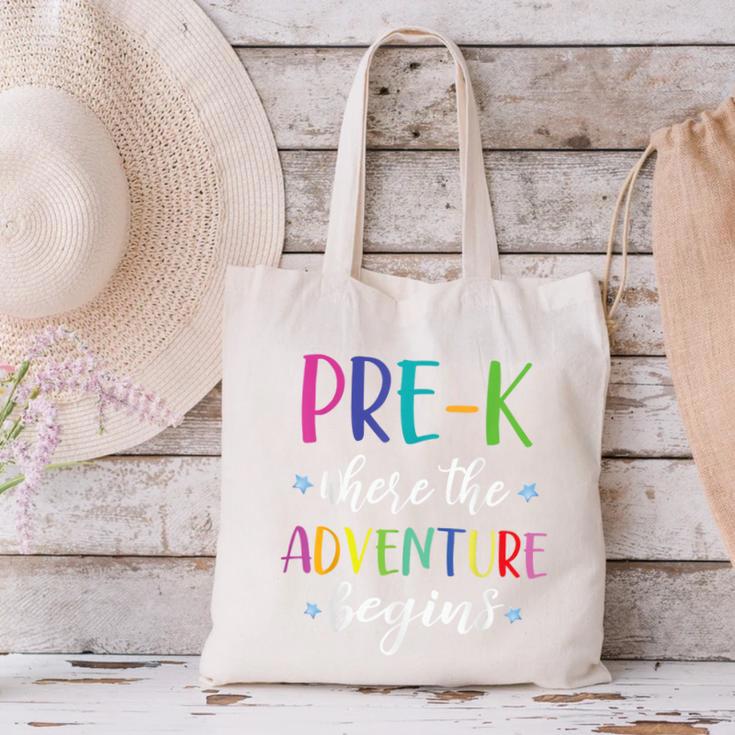 Pre-K Teacher Adventure Begins First Day Preschool Teachers Canvas Tote Bag, gift for family, gift for coworker Pre-K Teacher Adventure Begins First Day Preschool Teachers Canvas Tote Bag, gift for family, gift for coworker