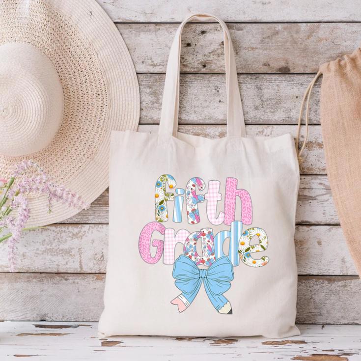 Preppy Fifth Grade Teacher Blue Floral Coquette Pencil Bow Canvas Tote Bag, gift for family, gift for coworker Preppy Fifth Grade Teacher Blue Floral Coquette Pencil Bow Canvas Tote Bag, gift for family, gift for coworker