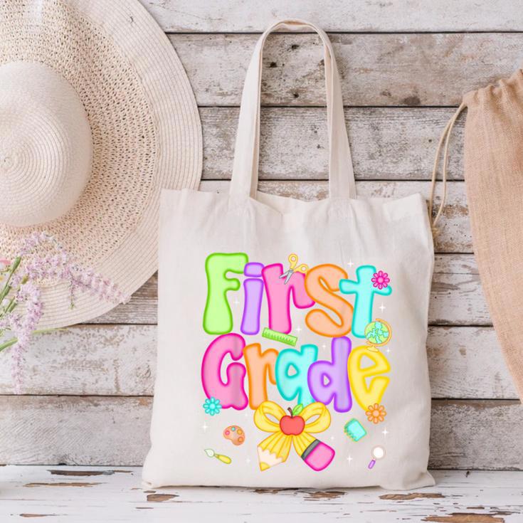 Preppy First Grade Back To School 1st Grade Teacher Girl Kid Canvas Tote Bag, First Grade Teacher Tote Bags, gift for family, gift for coworker Preppy First Grade Back To School 1st Grade Teacher Girl Kid Canvas Tote Bag, First Grade Teacher Tote Bags, gift for family, gift for coworker