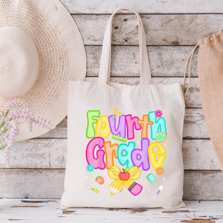 Preppy Fourth Grade Back To School 4th Grade Teacher Girls Canvas Tote Bag, 4th Grade Teacher Tote Bags, gift for family, gift for coworker