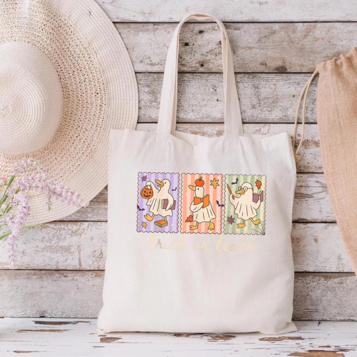 Preppy Goose Teacher Trick Or Teach Halloween Teacher Goose Canvas Tote Bag, gift for family, gift for coworker