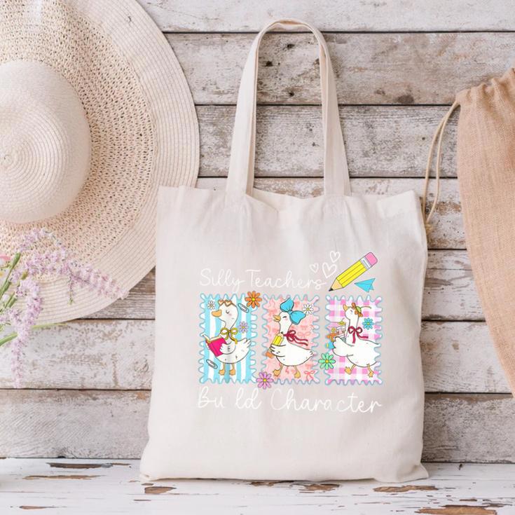 Preppy Silly Teacher Goose Build Character Back To School Canvas Tote Bag, gift for family, gift for coworker Preppy Silly Teacher Goose Build Character Back To School Canvas Tote Bag, gift for family, gift for coworker