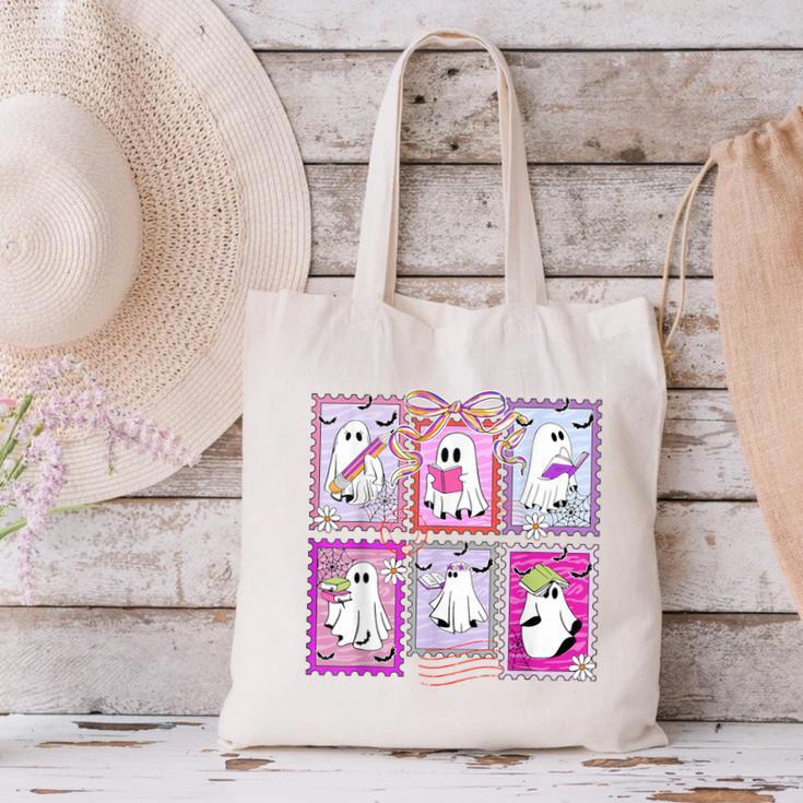 Preppy Spooky Teacher Halloween Ghost Coquette Bow Autumn Canvas Tote Bag, gift for family, gift for coworker