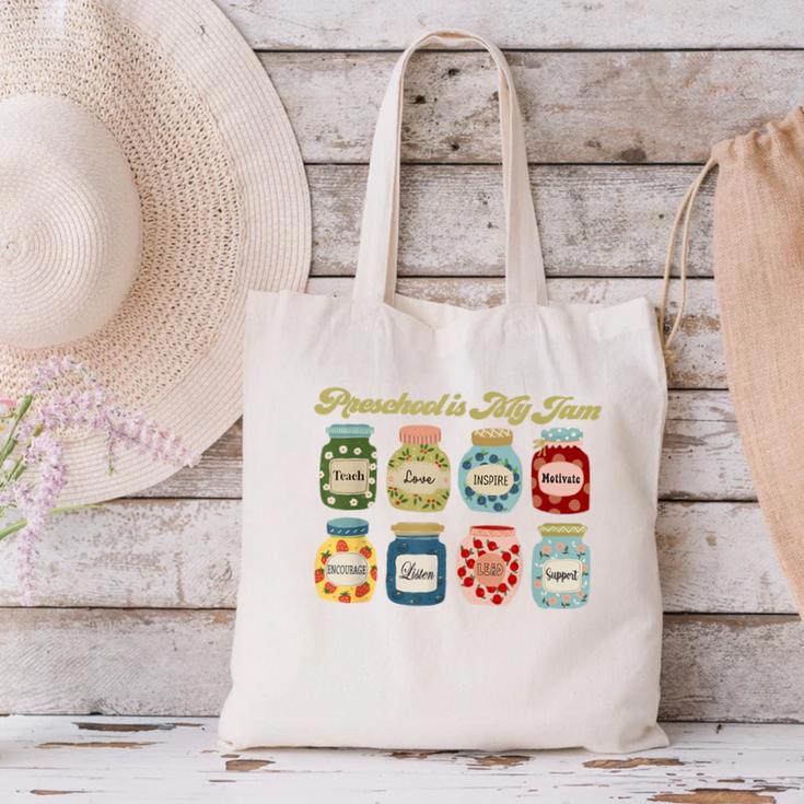 Preschool Is My Jam Retro Preschool Teacher Back To School Canvas Tote Bag, gift for family, gift for coworker
