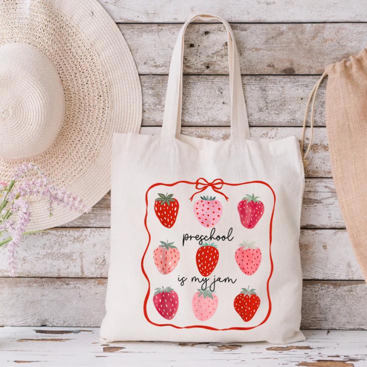 Preschool Is My Jam Strawberry Teacher First Day Of School Canvas Tote Bag, gift for family, gift for coworker