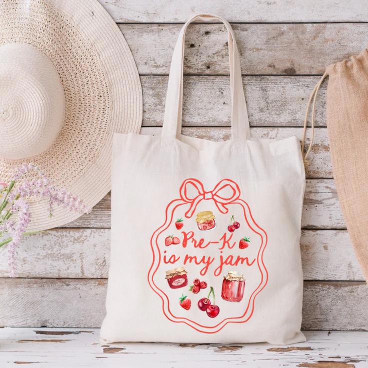 Preschool Pre-K Is My Jam Strawberry Girl Teacher Kids Canvas Tote Bag, gift for family, gift for coworker