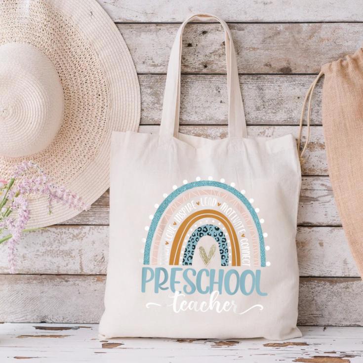 Preschool Teacher Leopard Boho Rainbow Back To School Canvas Tote Bag, gift for family, gift for coworker Preschool Teacher Leopard Boho Rainbow Back To School Canvas Tote Bag, gift for family, gift for coworker