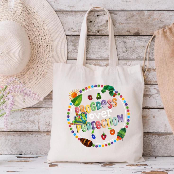 Progress Over Perfection Caterpillar Back To School Teacher Canvas Tote Bag, gift for family, gift for coworker Progress Over Perfection Caterpillar Back To School Teacher Canvas Tote Bag, gift for family, gift for coworker