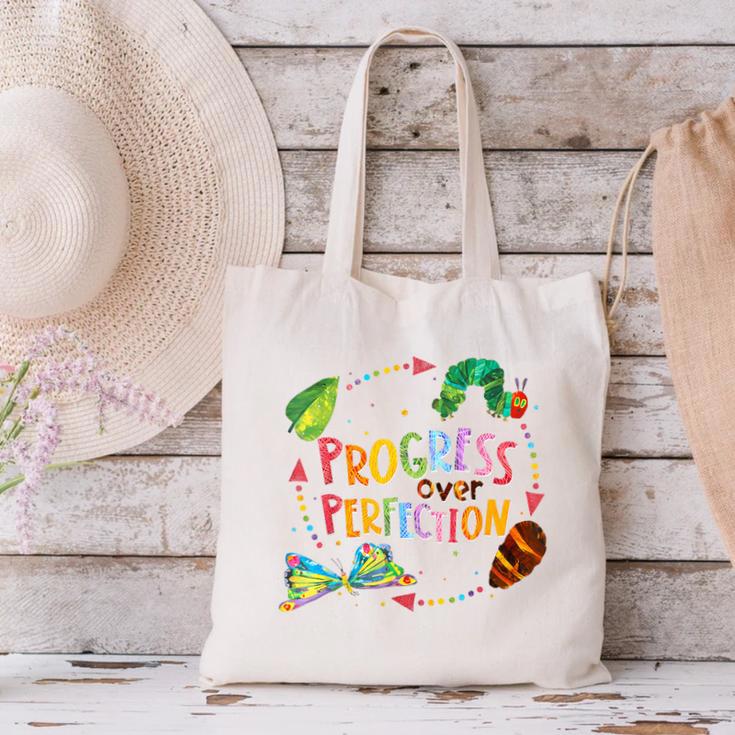 Progress Over Perfection Caterpillar Teacher Back To School Canvas Tote Bag, gift for family, gift for coworker Progress Over Perfection Caterpillar Teacher Back To School Canvas Tote Bag, gift for family, gift for coworker