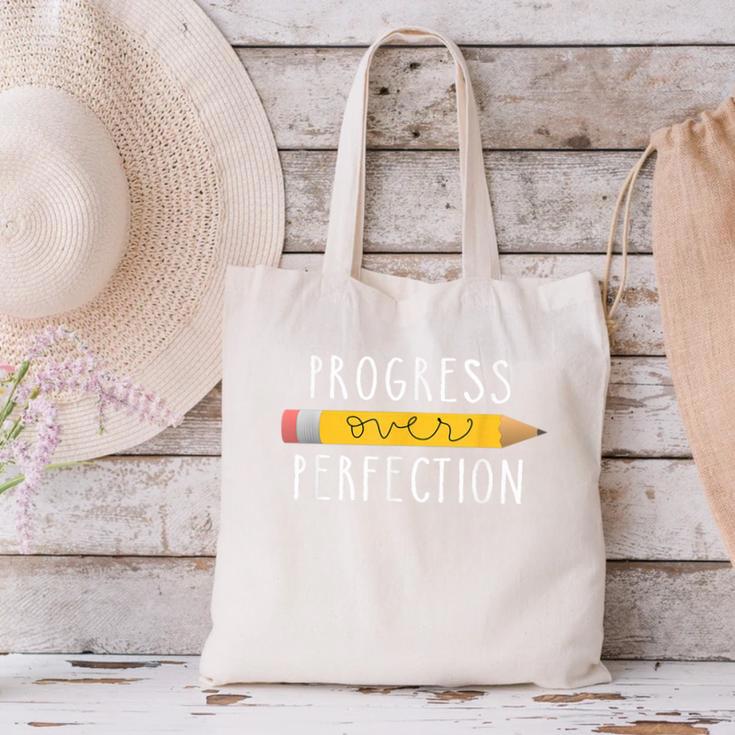 Progress Over Perfection Motivational Teacher Tee Canvas Tote Bag, gift for family, gift for coworker Progress Over Perfection Motivational Teacher Tee Canvas Tote Bag, gift for family, gift for coworker