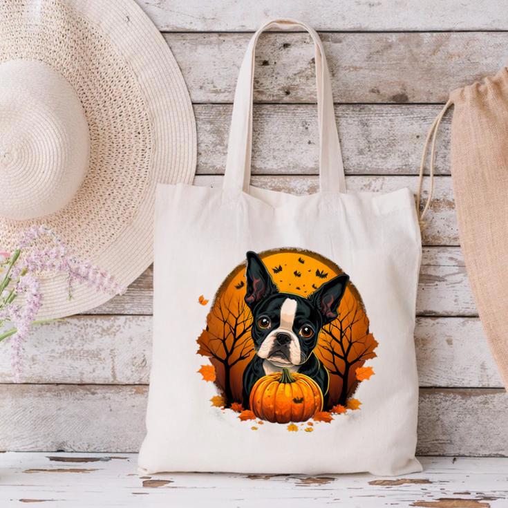 Pumpkin Boston Terrier Costume On Boston Terrier Halloween Canvas Tote Bag, Boston Terrier Halloween Tote Bags, gift for family, gift for coworker