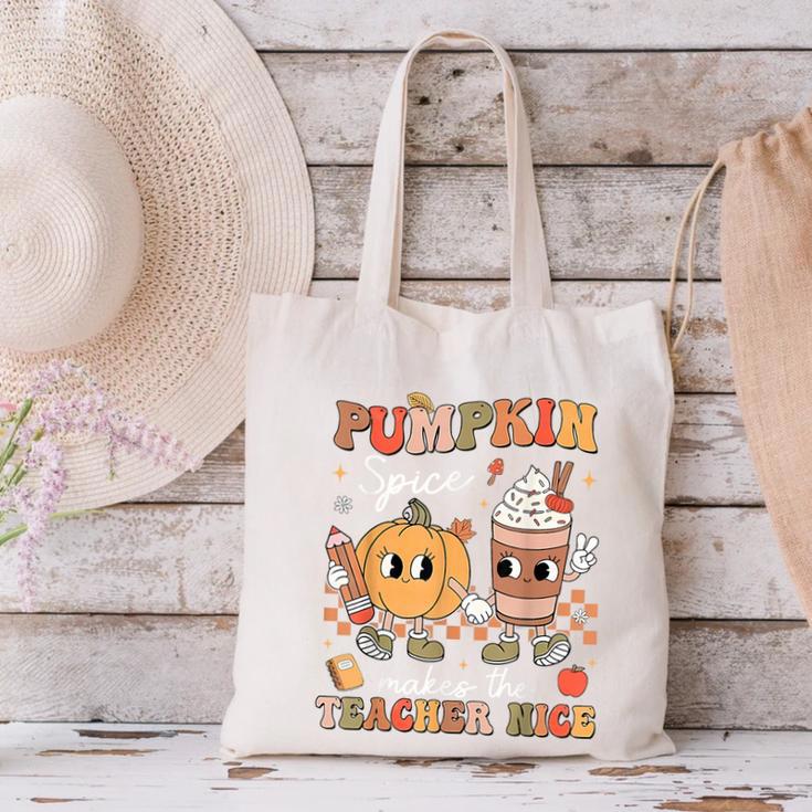 Pumpkin Spice Makes Teacher Nice Retro Fall Spooky Season Canvas Tote Bag, gift for family, gift for coworker Pumpkin Spice Makes Teacher Nice Retro Fall Spooky Season Canvas Tote Bag, gift for family, gift for coworker