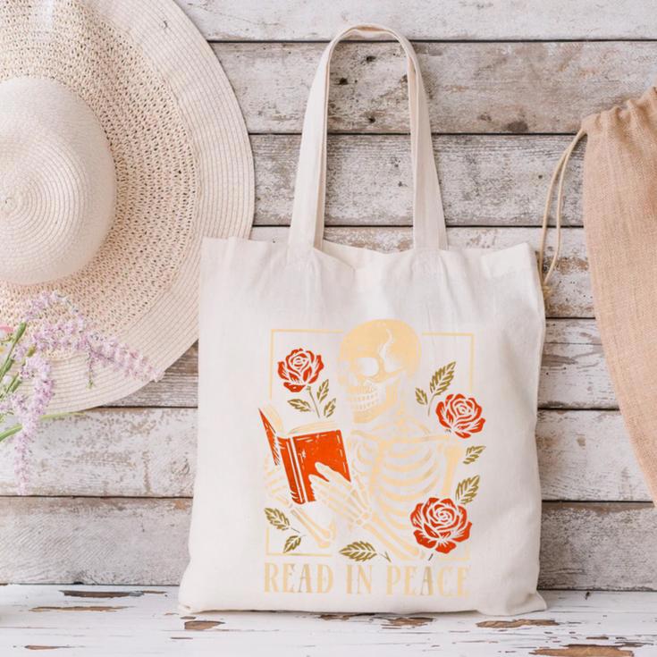 Read In Peace Skeleton Reading Book Halloween Teacher Canvas Tote Bag, gift for family, gift for coworker