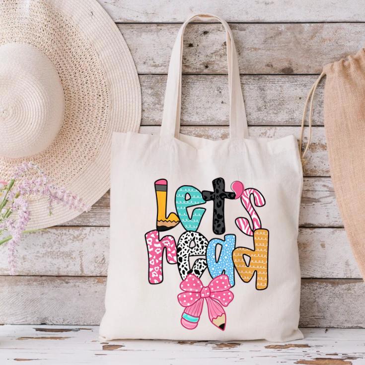 Lets Read Reading Teacher Back To School Literacy Pencil Bow Canvas Tote Bag, gift for family, gift for coworker