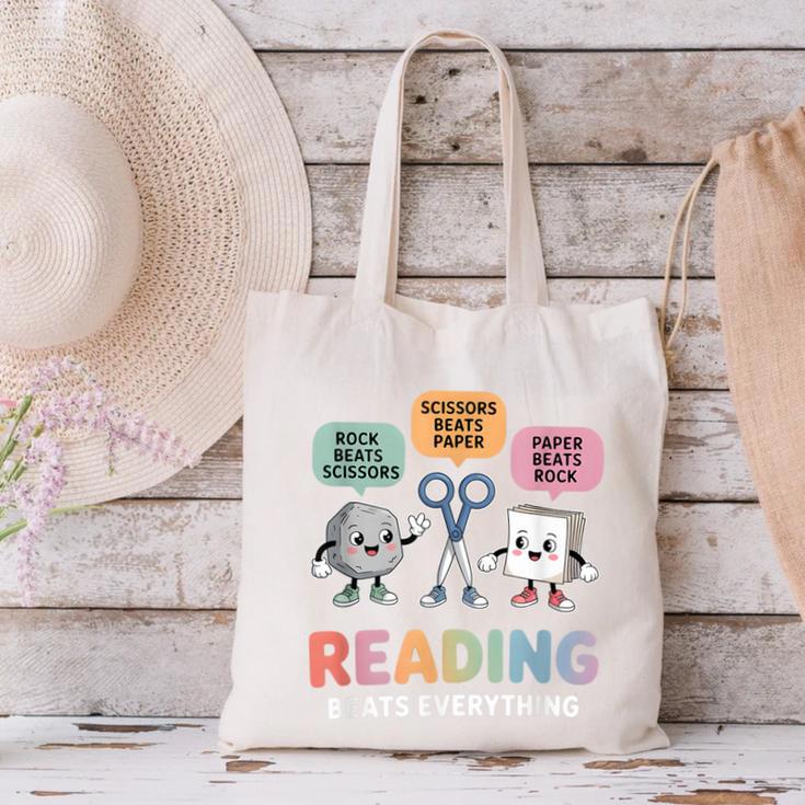 Reading Beats Everything Teacher Rock Paper Scissors Canvas Tote Bag, gift for family, gift for coworker Reading Beats Everything Teacher Rock Paper Scissors Canvas Tote Bag, gift for family, gift for coworker