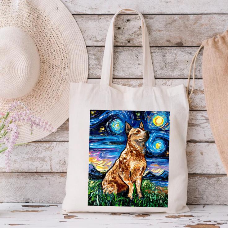 Red Heeler Starry Night Cattle Dog Colorful Art By Aja For Men Women Girls Kids Canvas Tote Bag, gift for family, gift for coworker