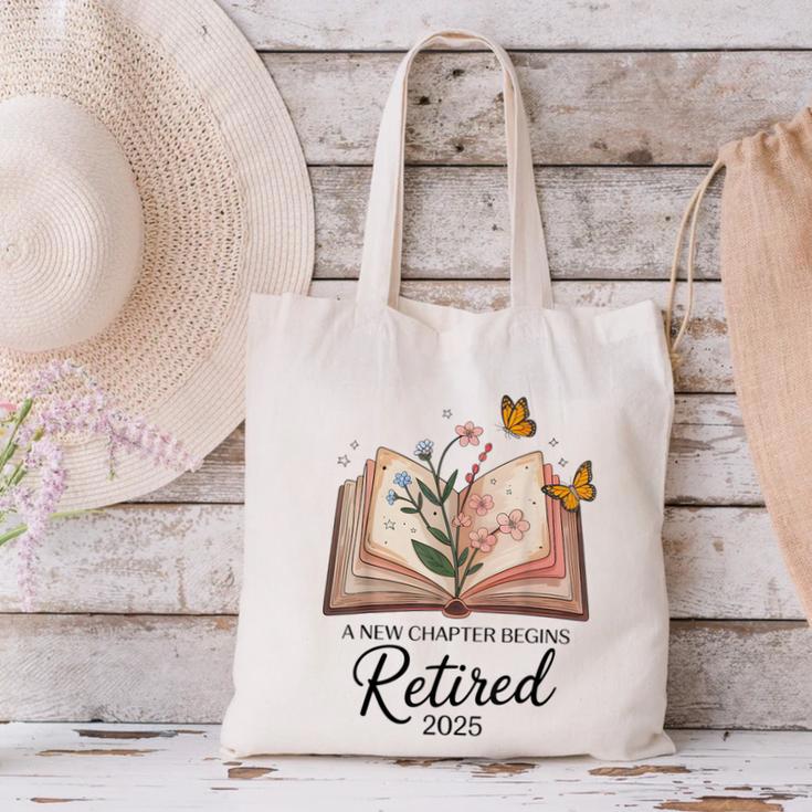 Retired 2025 A New Chapter Begins Retirement Teacher Book Canvas Tote Bag, gift for family, gift for coworker