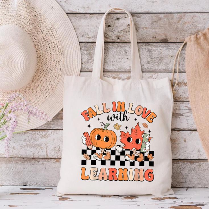 Retro Fall In Love With Learning Autumn Pumpkin Teacher Canvas Tote Bag, gift for family, gift for coworker