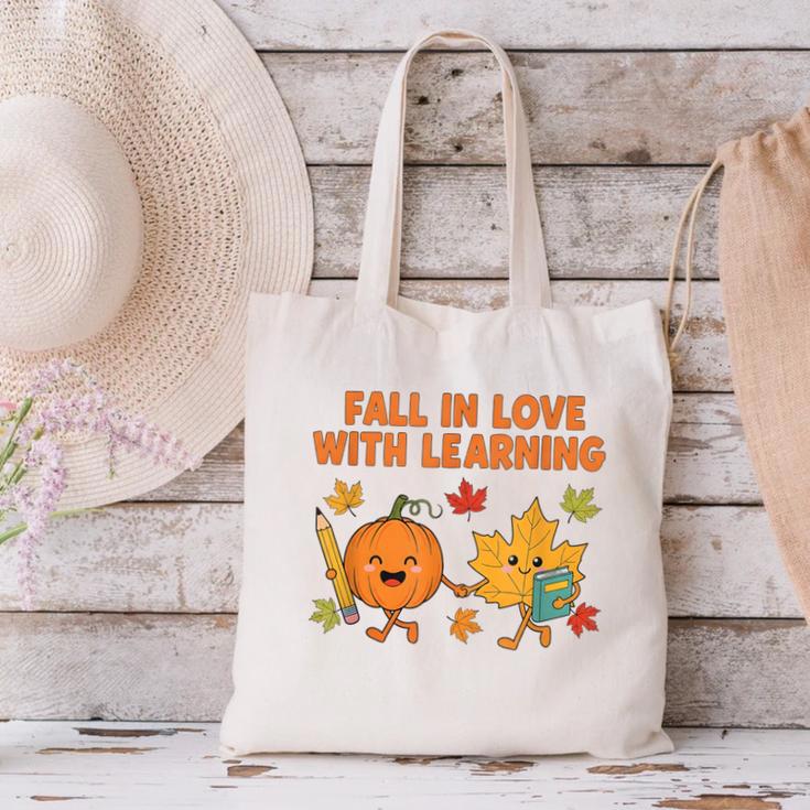 Retro Fall In Love With Learning Autumn Pumpkin Teacher Canvas Tote Bag, gift for family, gift for coworker