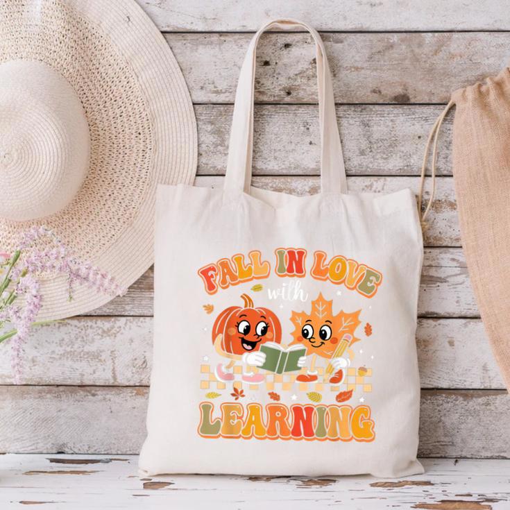 Retro Fall In Love With Learning Autumn Pumpkin Teachers Canvas Tote Bag, gift for family, gift for coworker