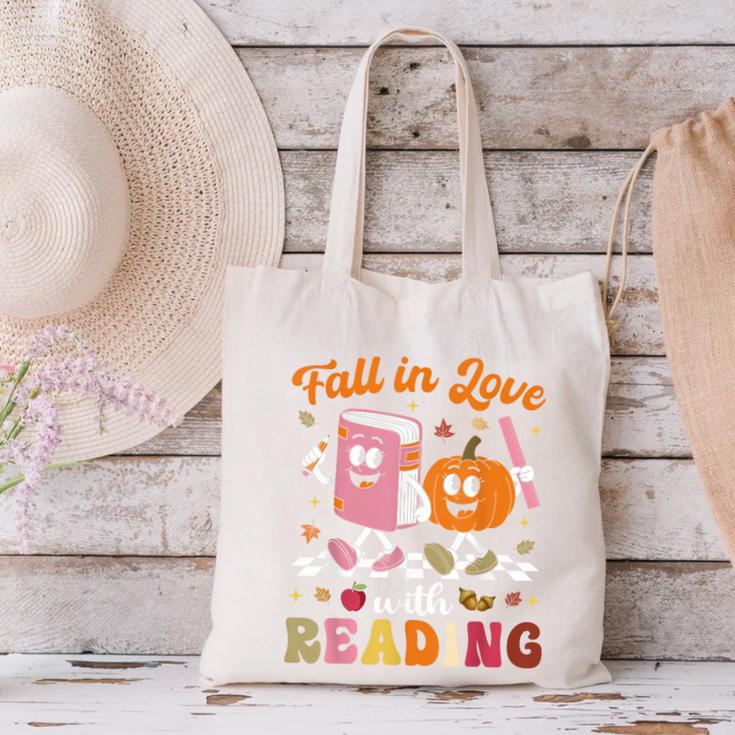 Retro Fall In Love With Learning Pumpkin Autumn Teacher Canvas Tote Bag, gift for family, gift for coworker
