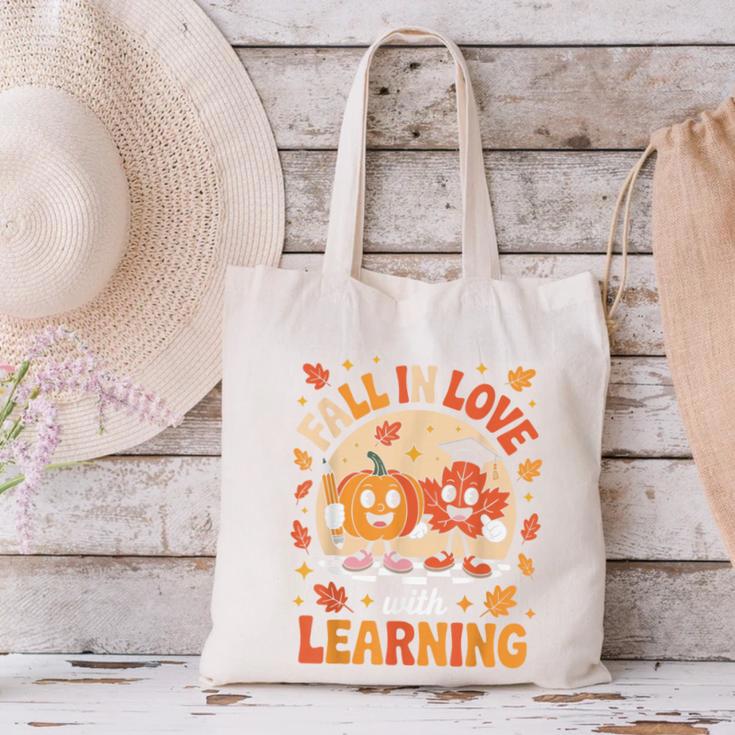 Retro Fall In Love With Learning Pumpkin Leaf Teacher Autumn Canvas Tote Bag, gift for family, gift for coworker Retro Fall In Love With Learning Pumpkin Leaf Teacher Autumn Canvas Tote Bag, gift for family, gift for coworker