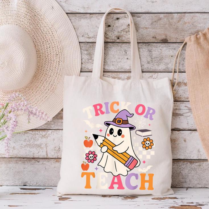 Retro Floral Ghost Trick Or Teach Groovy Teacher Halloween Canvas Tote Bag, Groovy Teacher Tote Bags, gift for family, gift for coworker Retro Floral Ghost Trick Or Teach Groovy Teacher Halloween Canvas Tote Bag, Groovy Teacher Tote Bags, gift for family, gift for coworker