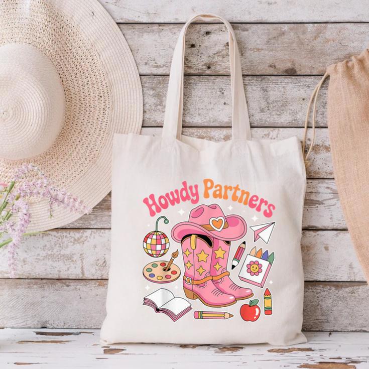 Retro Howdy Partners Cowgirl Cowboy Teacher Back To School Canvas Tote Bag, gift for family, gift for coworker