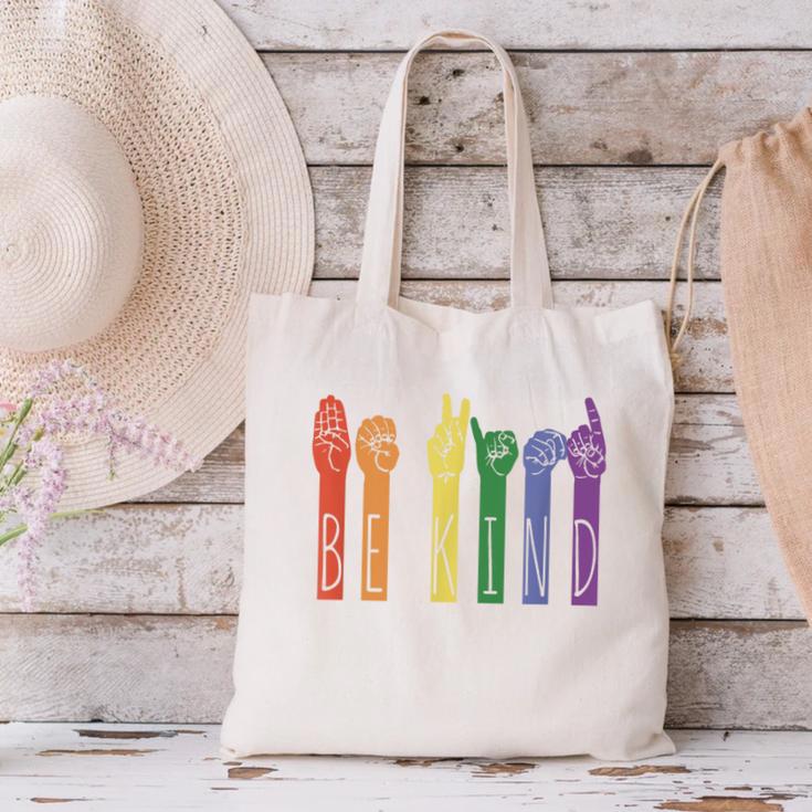 Retro Be Kind ASL Deaf Teacher Sign Language Gay Pride Canvas Tote Bag, gift for family, gift for coworker Retro Be Kind ASL Deaf Teacher Sign Language Gay Pride Canvas Tote Bag, gift for family, gift for coworker