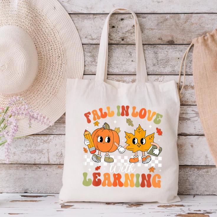 Retro Pumpkin Fall In Love With Learning Autumn Teacher Canvas Tote Bag, gift for family, gift for coworker Retro Pumpkin Fall In Love With Learning Autumn Teacher Canvas Tote Bag, gift for family, gift for coworker