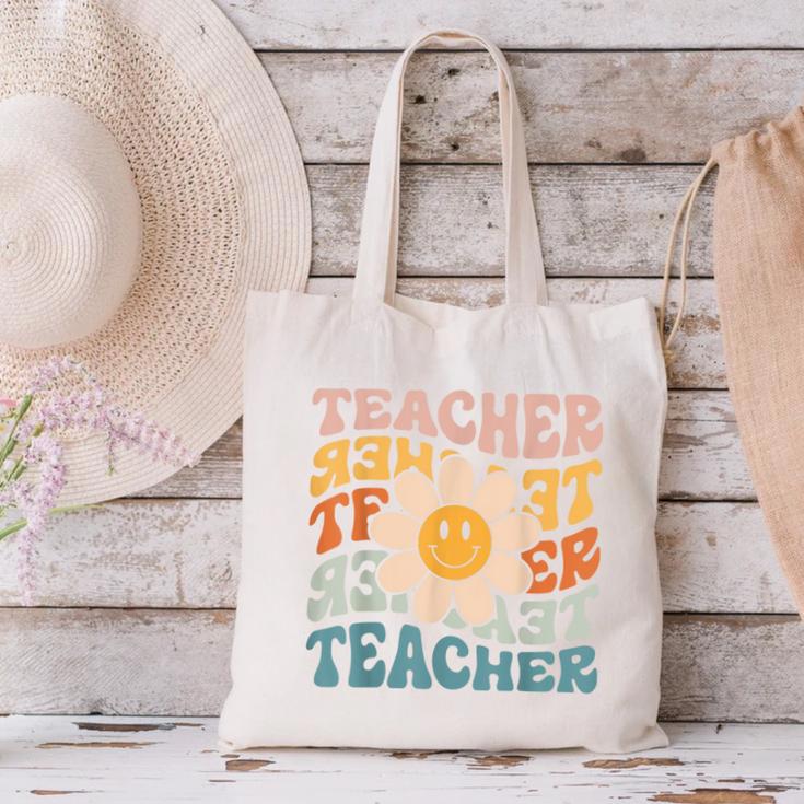 Retro Teacher Daisy Colorful Elementary School Teacher Canvas Tote Bag, gift for family, gift for coworker Retro Teacher Daisy Colorful Elementary School Teacher Canvas Tote Bag, gift for family, gift for coworker