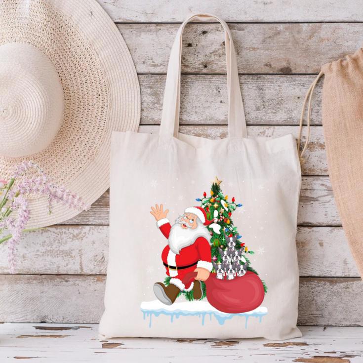 Santa Ugly Christmas Tree Lights Boston Terrier Dog Lover Canvas Tote Bag, Boston Terrier Christmas Tote Bags, gift for family, gift for coworker