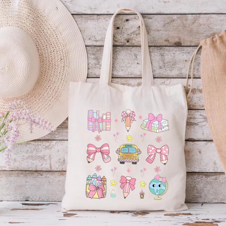 School Pencils And Bows Teacher Bow Coquette Pencil Girls Canvas Tote Bag, gift for family, gift for coworker School Pencils And Bows Teacher Bow Coquette Pencil Girls Canvas Tote Bag, gift for family, gift for coworker