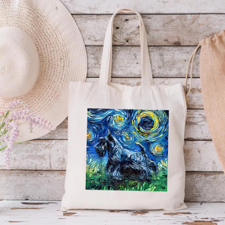 Scottish Terrier Starry Night Scotty Dog Art By Aja Canvas Tote Bag, gift for family, gift for coworker