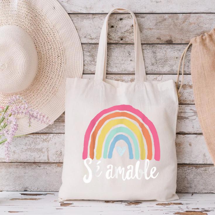 Sé Amable Spanish Bilingual Teacher Be Kind Boho Rainbow Canvas Tote Bag, gift for family, gift for coworker Sé Amable Spanish Bilingual Teacher Be Kind Boho Rainbow Canvas Tote Bag, gift for family, gift for coworker