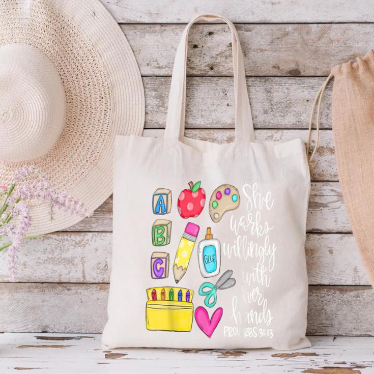 She Works Willingly With Her Hands Proverbs Daycare Teacher Men Women Canvas Tote Bag, gift for family, gift for coworker She Works Willingly With Her Hands Proverbs Daycare Teacher Men Women Canvas Tote Bag, gift for family, gift for coworker