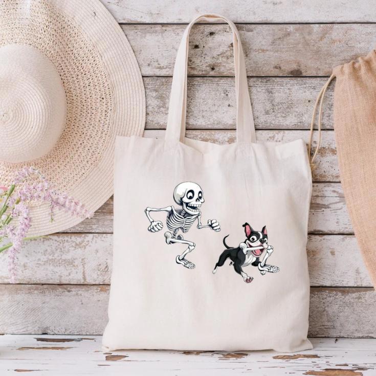 Skeleton Chasing Dog Boston Terrier Halloween Pet Lover Canvas Tote Bag, Boston Terrier Halloween Tote Bags, gift for family, gift for coworker