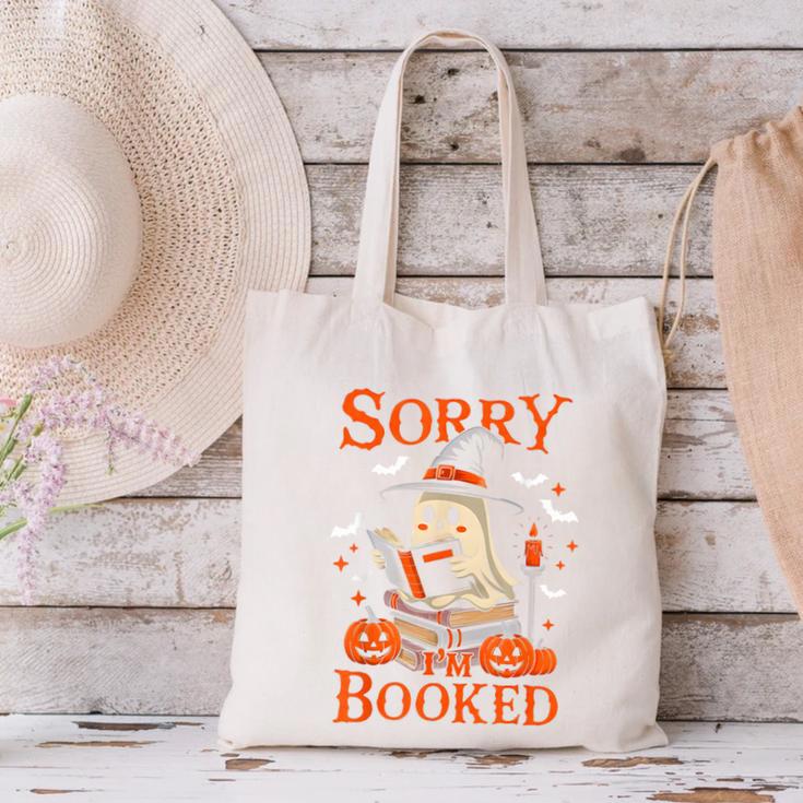 Sorry I'm Booked Ghost Reading Book Lover Teacher Halloween Canvas Tote Bag, gift for family, gift for coworker