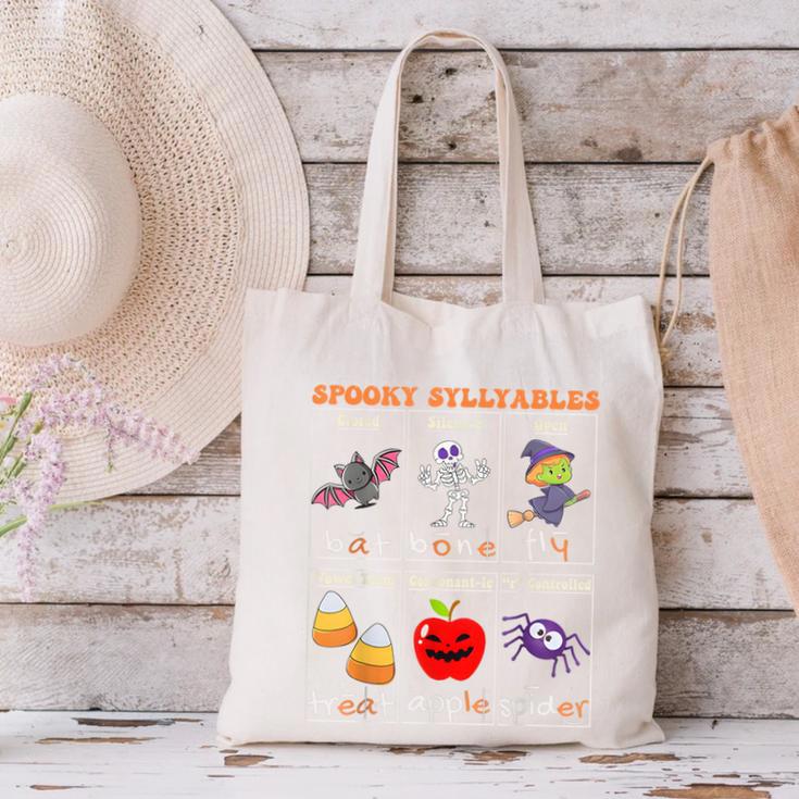 Spooky Syllables Halloween Teacher Student Education Canvas Tote Bag, gift for family, gift for coworker Spooky Syllables Halloween Teacher Student Education Canvas Tote Bag, gift for family, gift for coworker