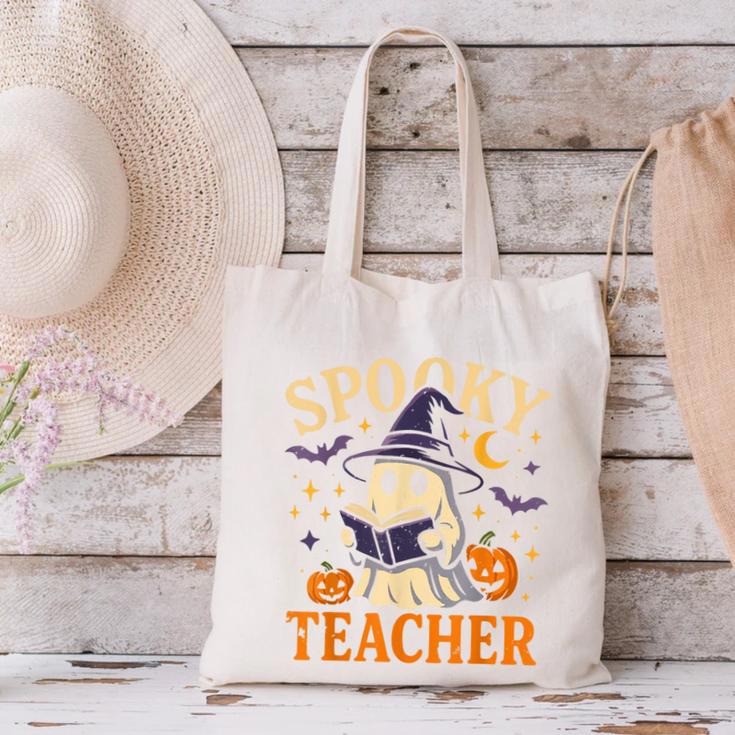 Spooky Teacher Halloween Cute Ghost Pumpkin Reading Women Canvas Tote Bag, gift for family, gift for coworker