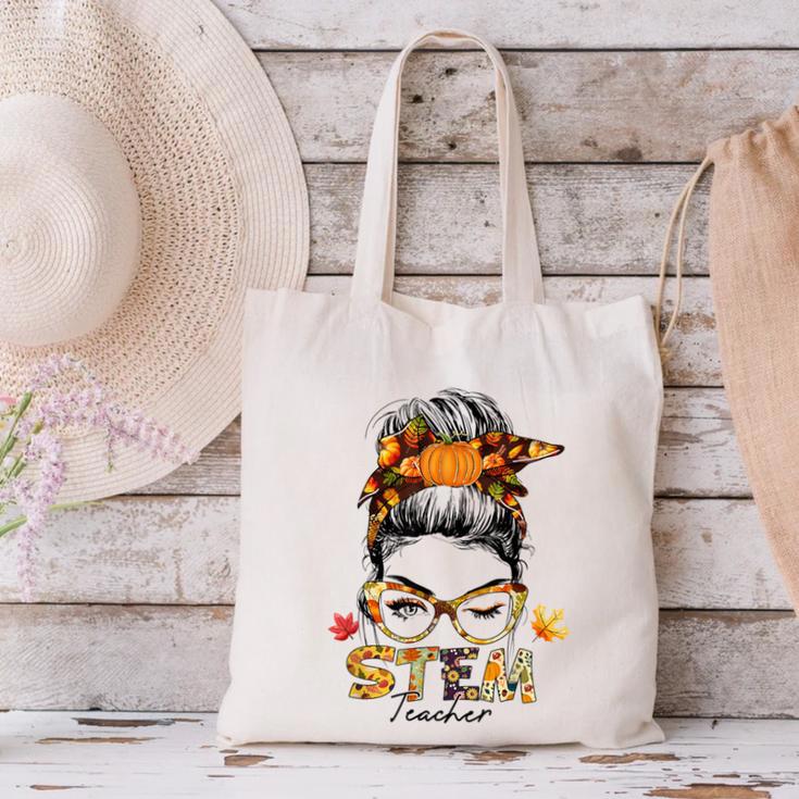 STEM Teacher Messy Bun Fall Vibes Autumn Thanksgiving Men Women Canvas Tote Bag, gift for family, gift for coworker