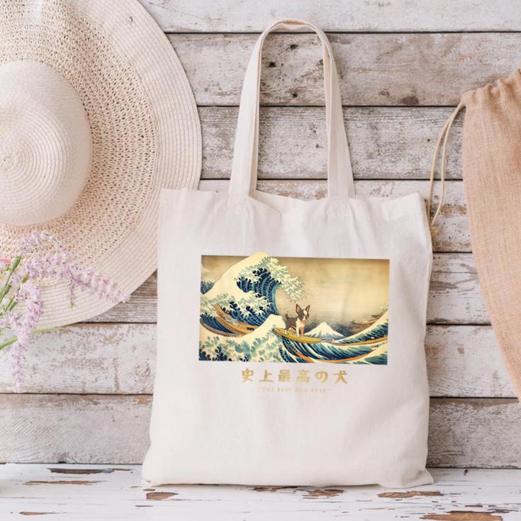 Surfing Boston Terrier Kanagawa Wave Japanese Dog For Men Women Kids Canvas Tote Bag, gift for family, gift for coworker