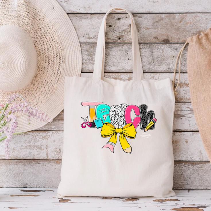 Teach Coquette Bow Teacher Back To School Happy First Day Canvas Tote Bag, gift for family, gift for coworker Teach Coquette Bow Teacher Back To School Happy First Day Canvas Tote Bag, gift for family, gift for coworker