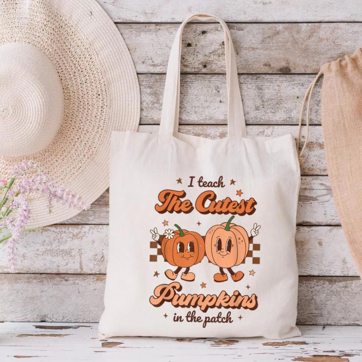 I Teach The Cutest Pumpkins In The Patch Retro Teacher Fall Canvas Tote Bag, gift for family, gift for coworker