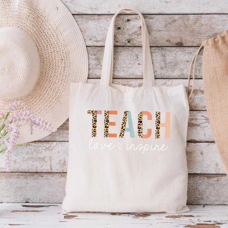 Teach Love Inspire Leopard Back To School Cute Teacher Men Women Girls Kids Canvas Tote Bag, gift for family, gift for coworker