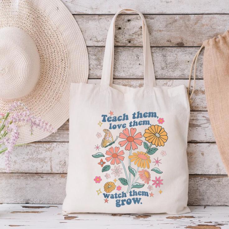 Teach Them Love Them Watch Them Grow Retro Teacher Floral Canvas Tote Bag, gift for family, gift for coworker